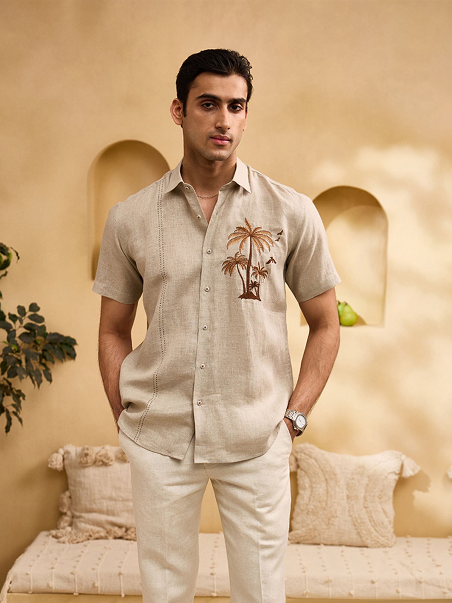 Natural with Brown Palm Trees Embroidery Linen Regular Fit Shirt