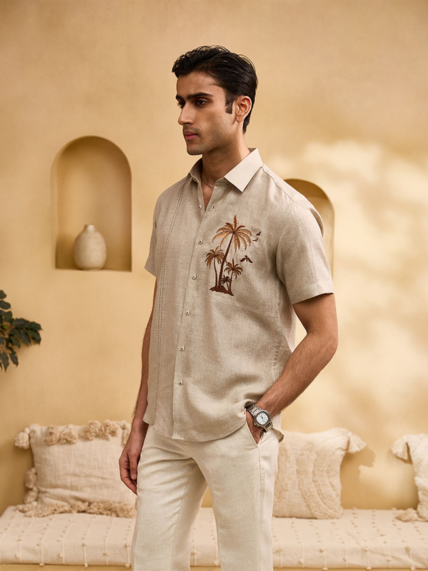 Natural with Brown Palm Trees Embroidery Linen Regular Fit Shirt