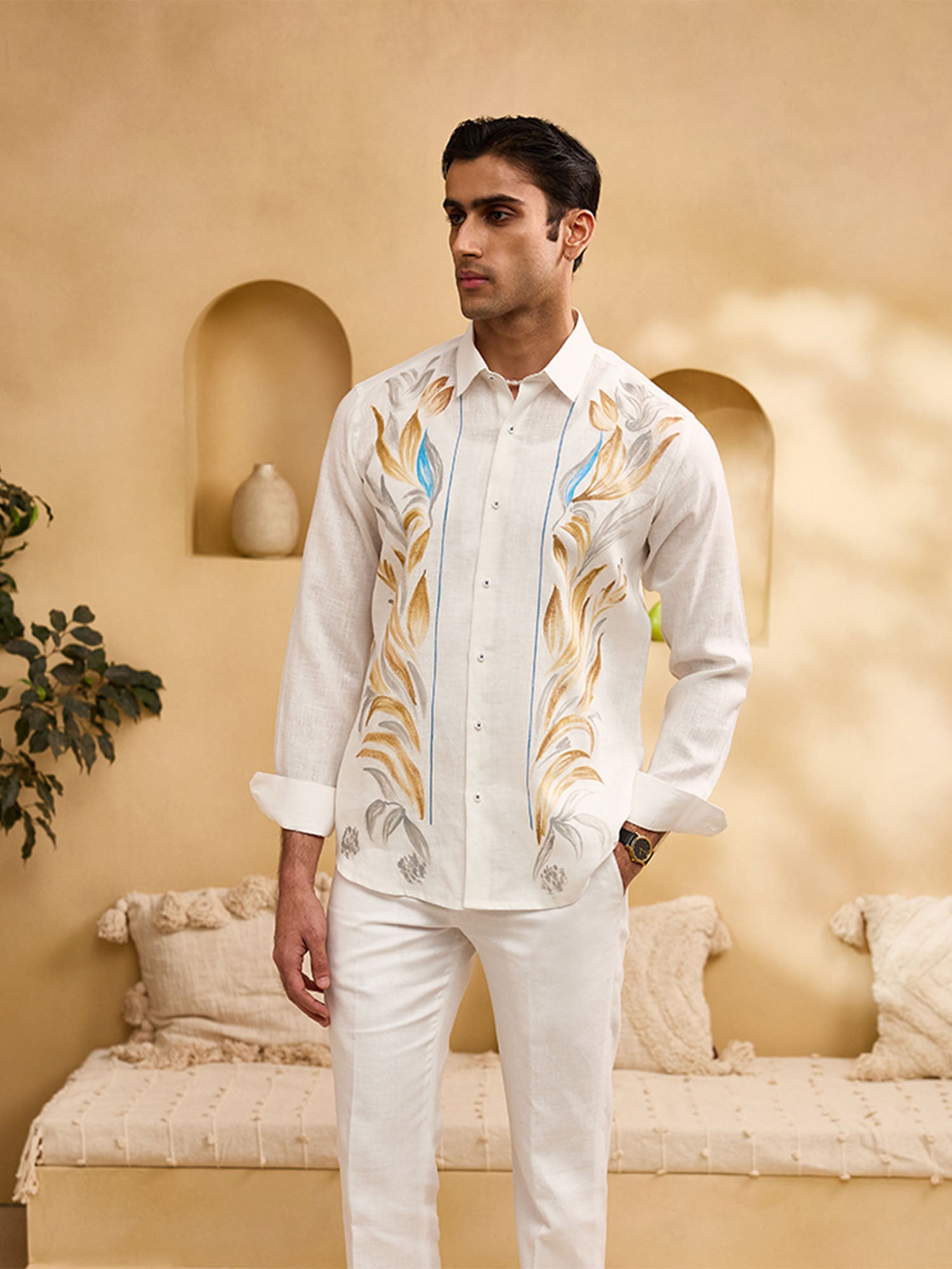 White Hand-Painted Linen Slim Fit Shirt