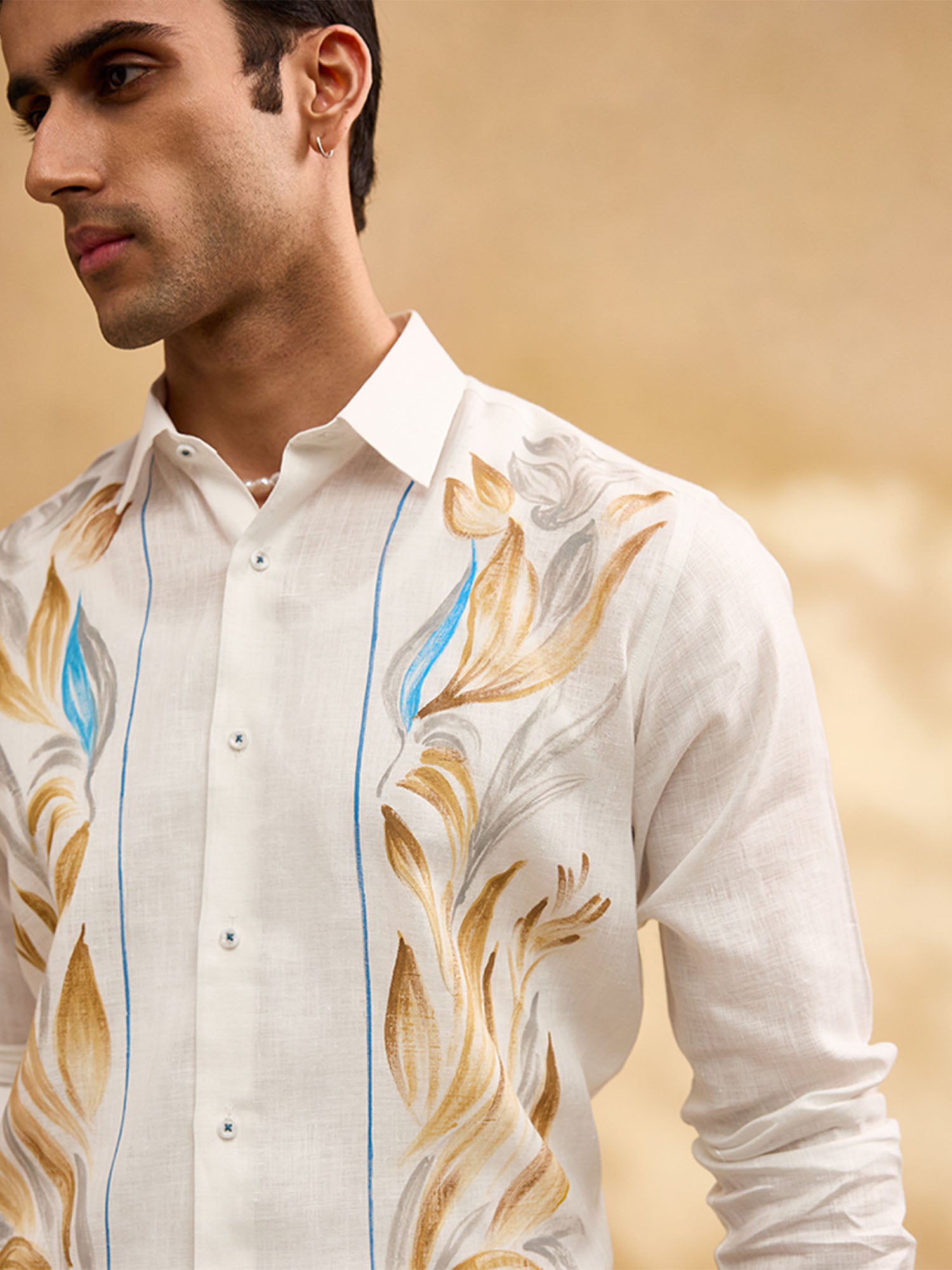 White Hand-Painted Linen Slim Fit Shirt