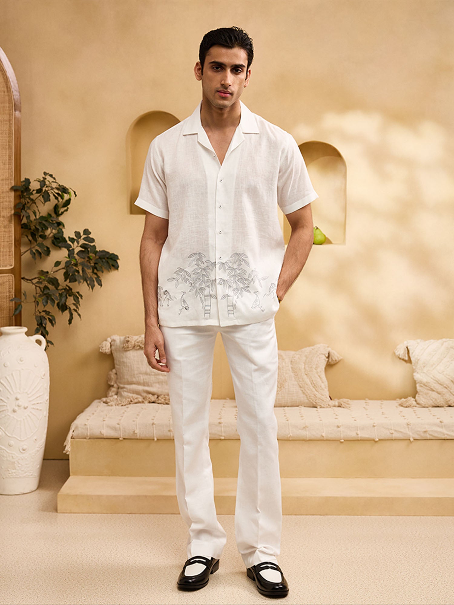 White Minimal Bamboo Embroidery Linen Cuban Regular Fit Shirt