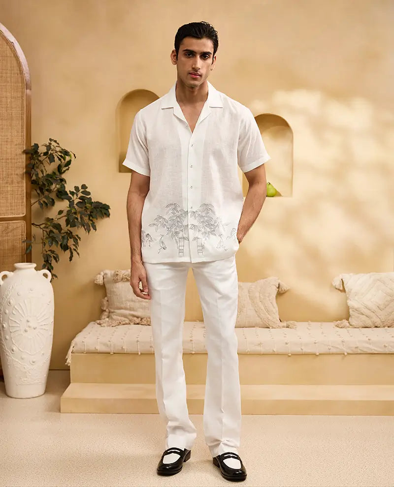 White Minimal Bamboo Embroidery Linen Cuban Regular Fit Shirt