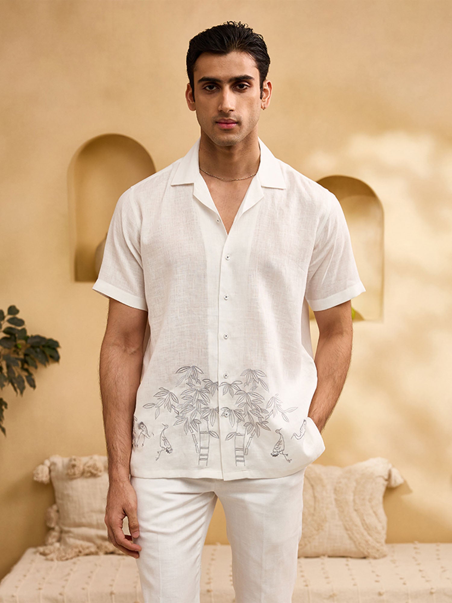 White Minimal Bamboo Embroidery Linen Cuban Regular Fit Shirt