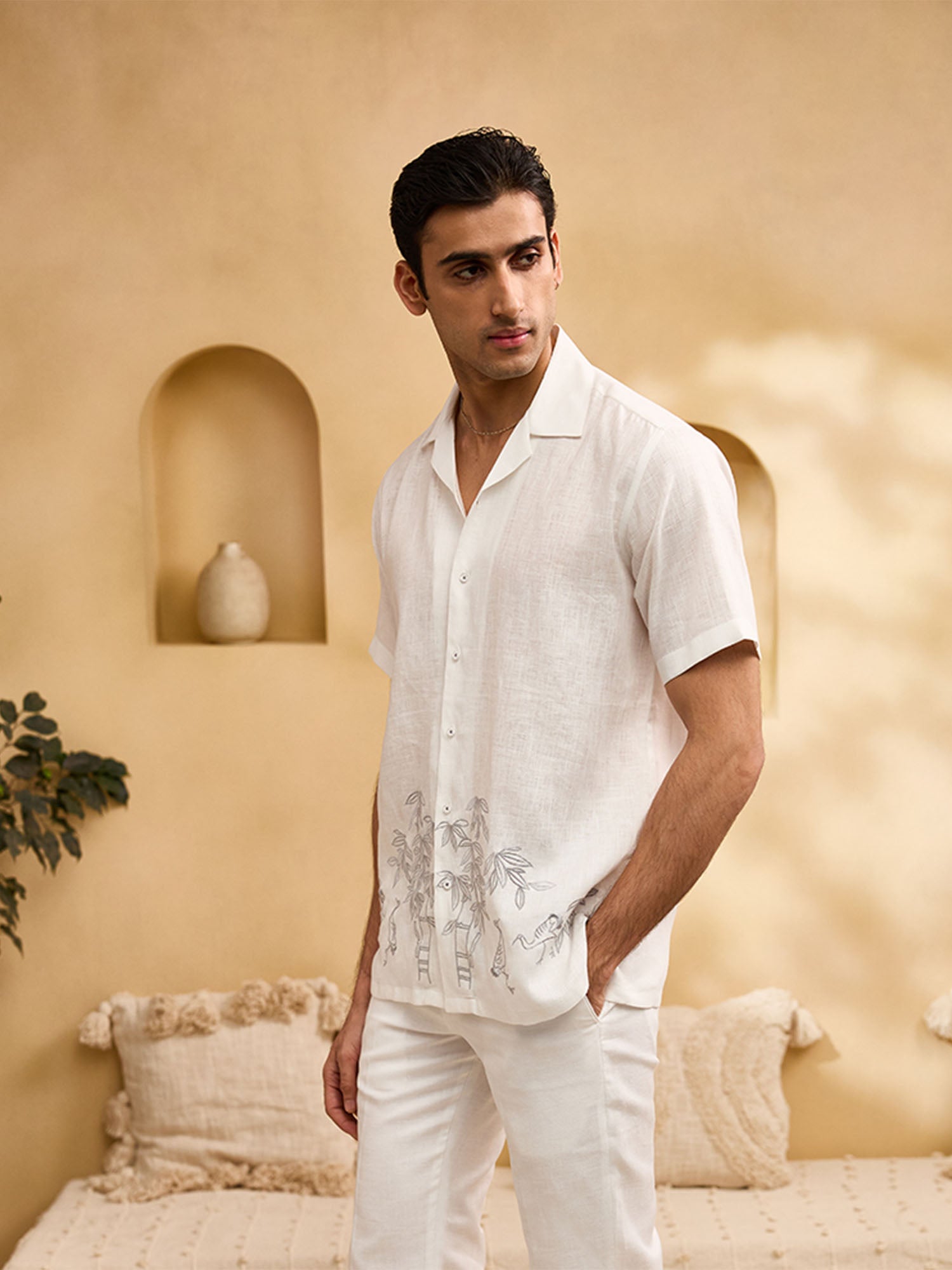 White Minimal Bamboo Embroidery Linen Cuban Regular Fit Shirt