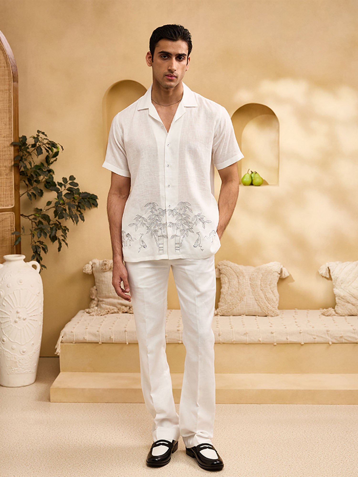 White Minimal Bamboo Embroidery Linen Cuban Regular Fit Shirt