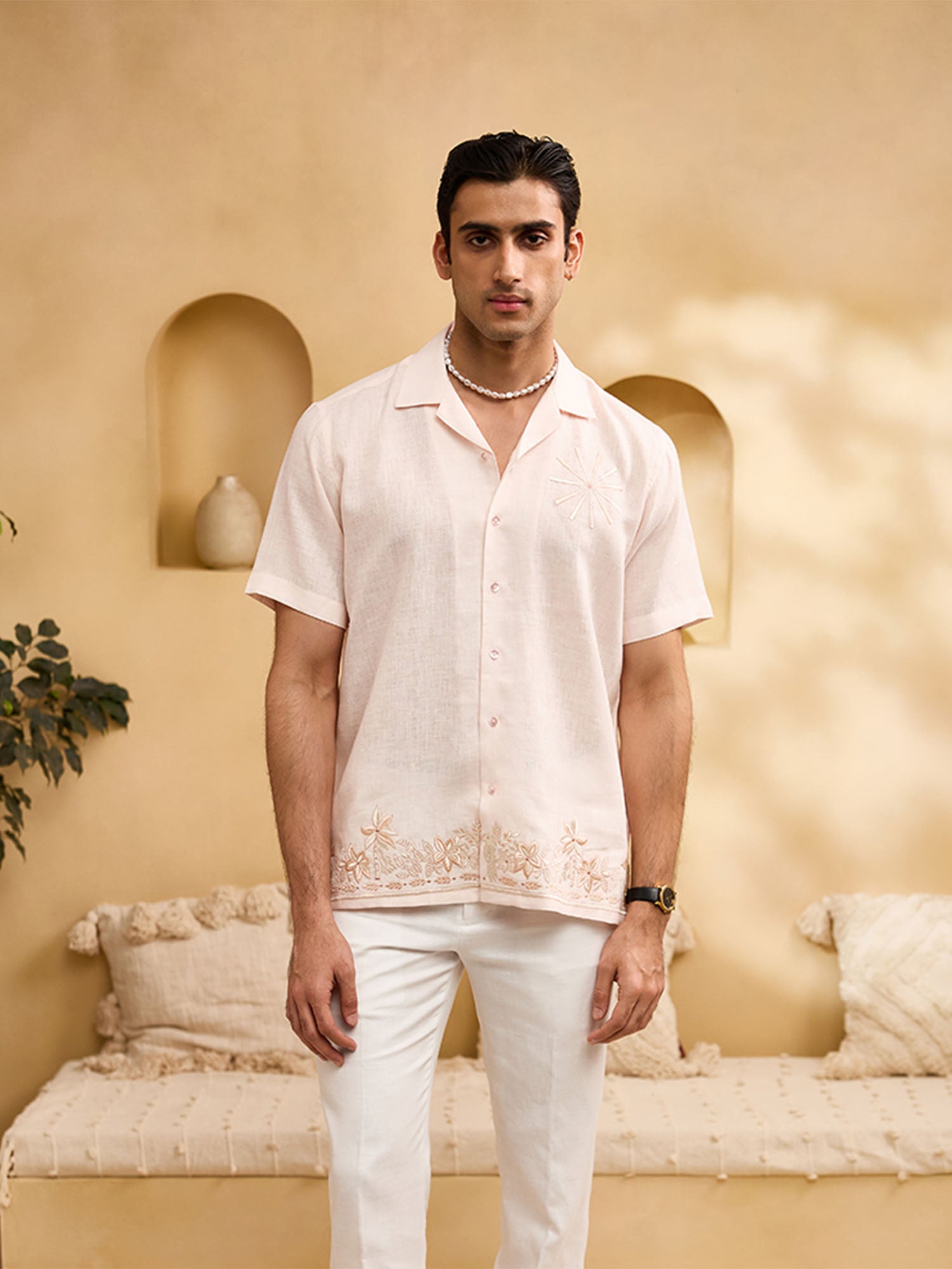 Peach Self-Coloured Floral Embroidery Linen Cuban Regular Fit Shirt