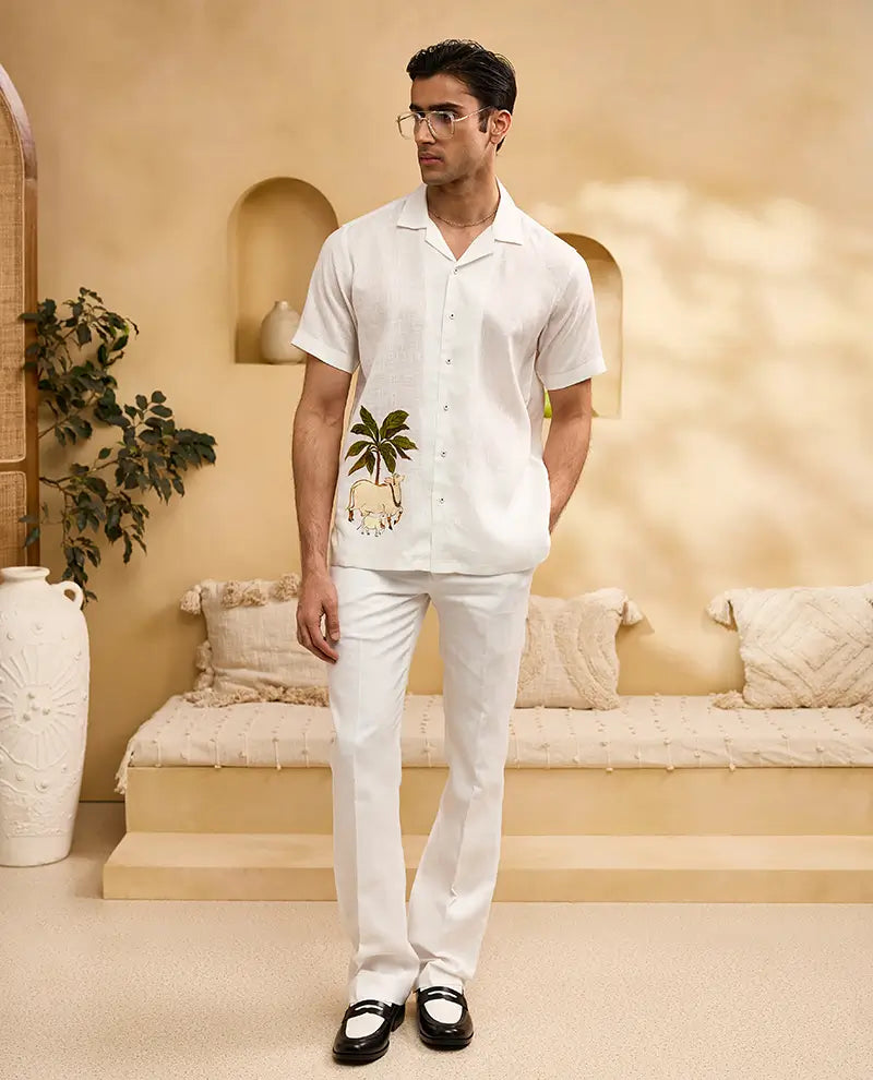 White Pichwai Cow Hand-Painted Print Linen Cuban Regular Fit Shirt