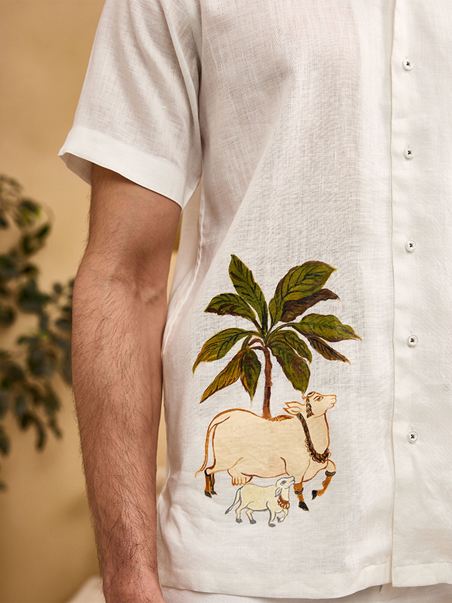 White Pichwai Cow Hand-Painted Linen Cuban Regular Fit Shirt