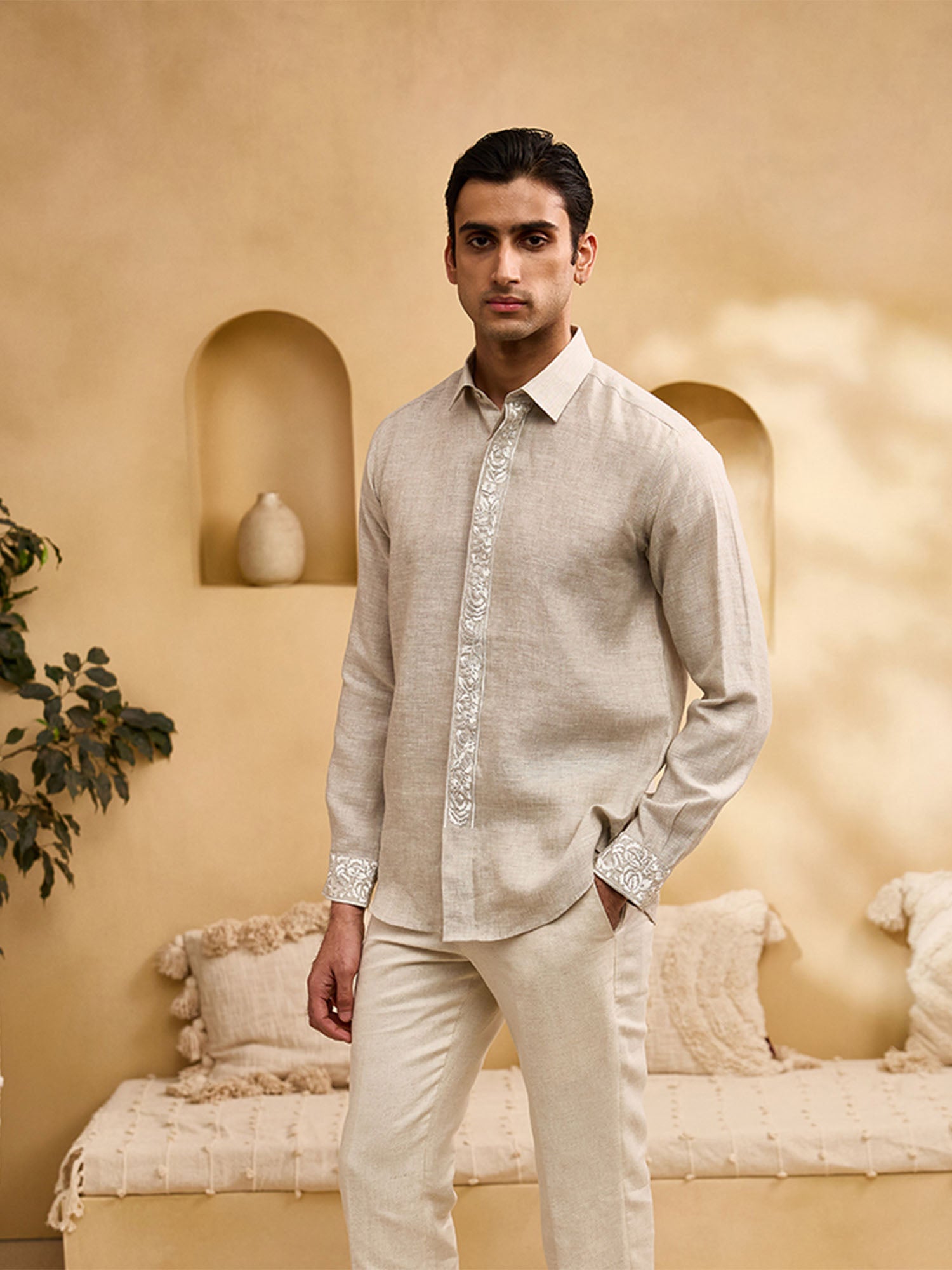 Natural Placard and Sleeve Embroidered Linen Slim Fit Shirt