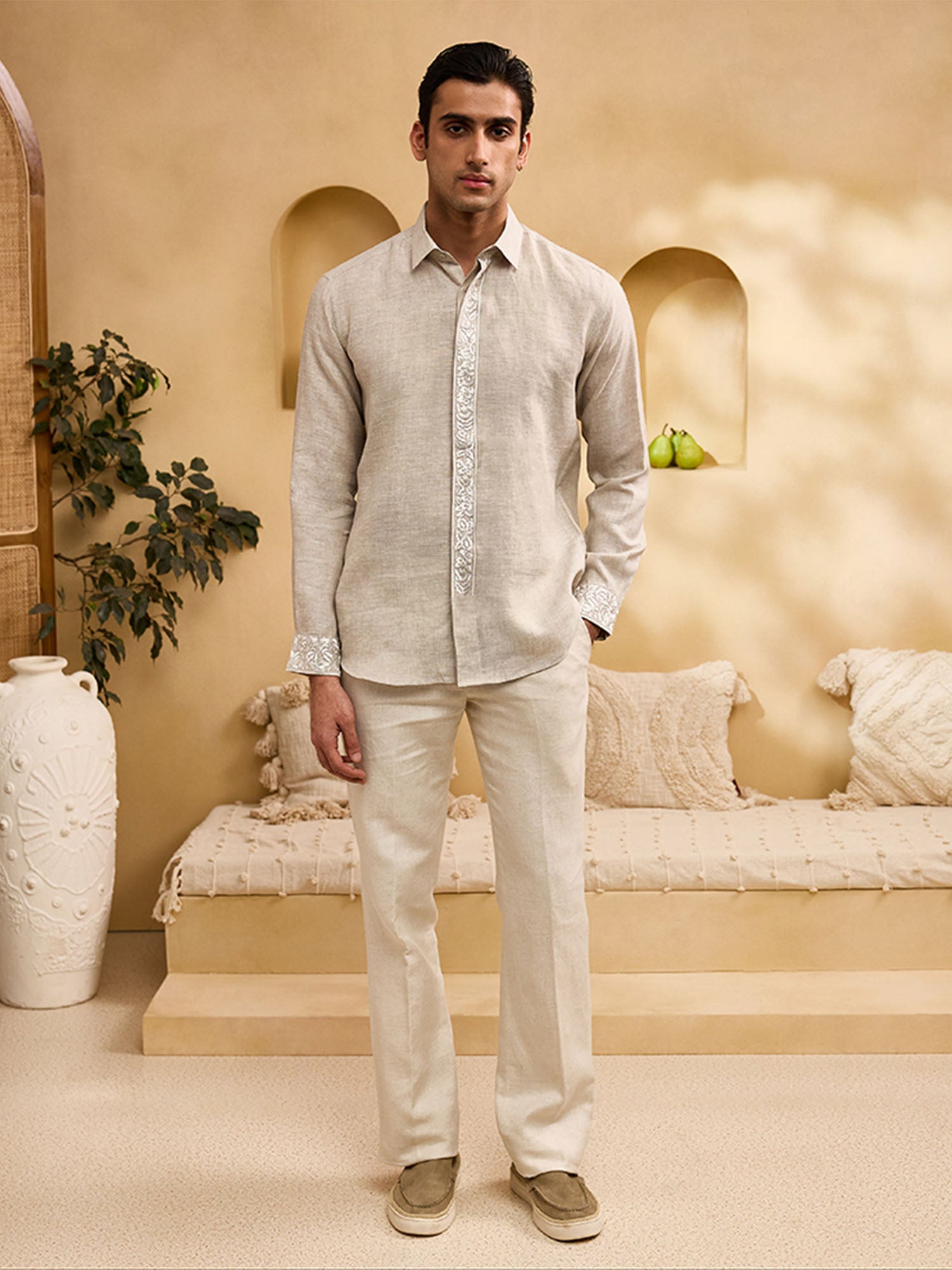 Natural Placard and Sleeve Embroidered Linen Slim Fit Shirt