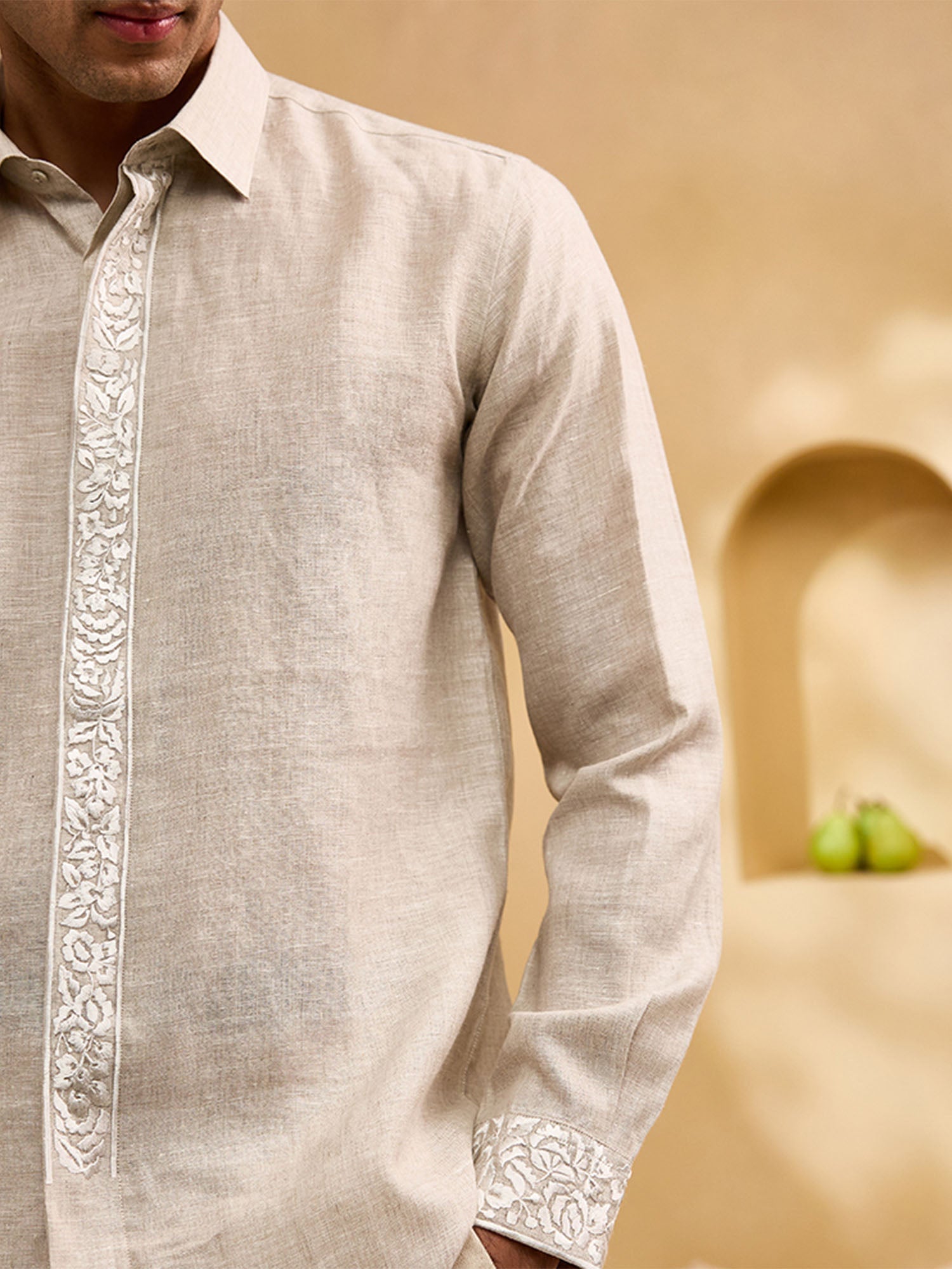 Natural Placard and Sleeve Embroidered Linen Slim Fit Shirt