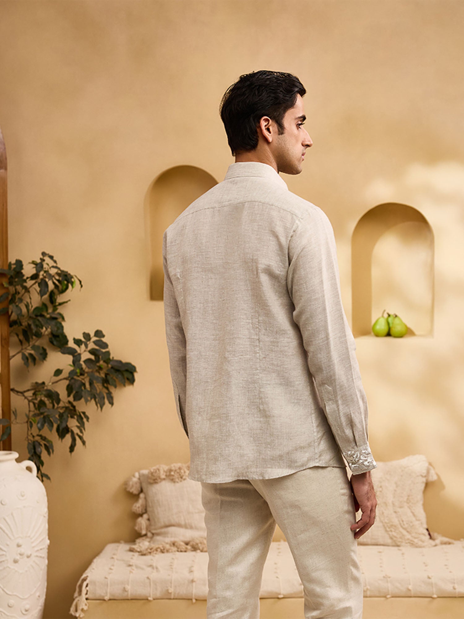 Natural Placard and Sleeve Embroidered Linen Slim Fit Shirt