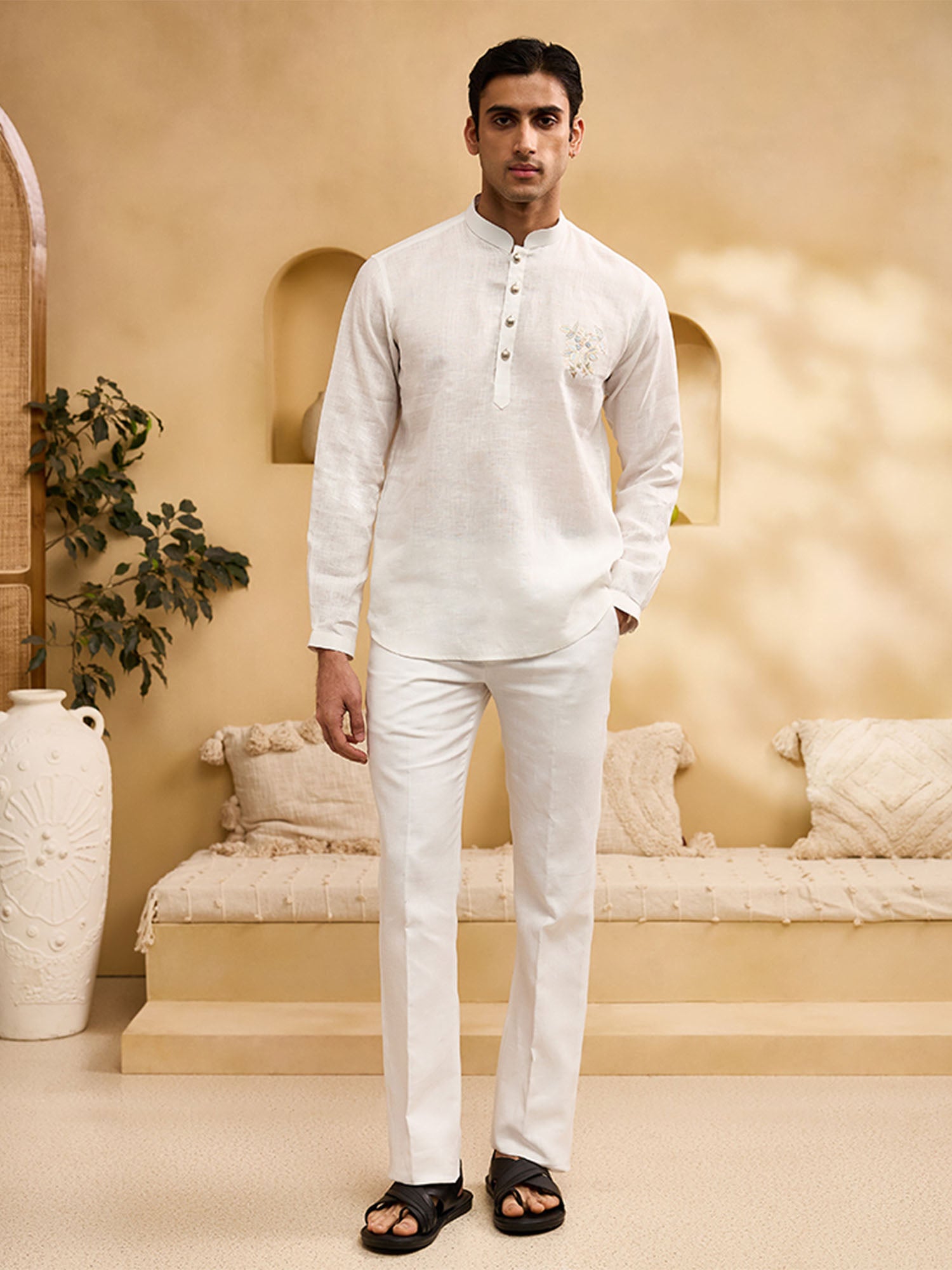 White Floral Embroidered Linen Kurti-Style Regular Fit Shirt