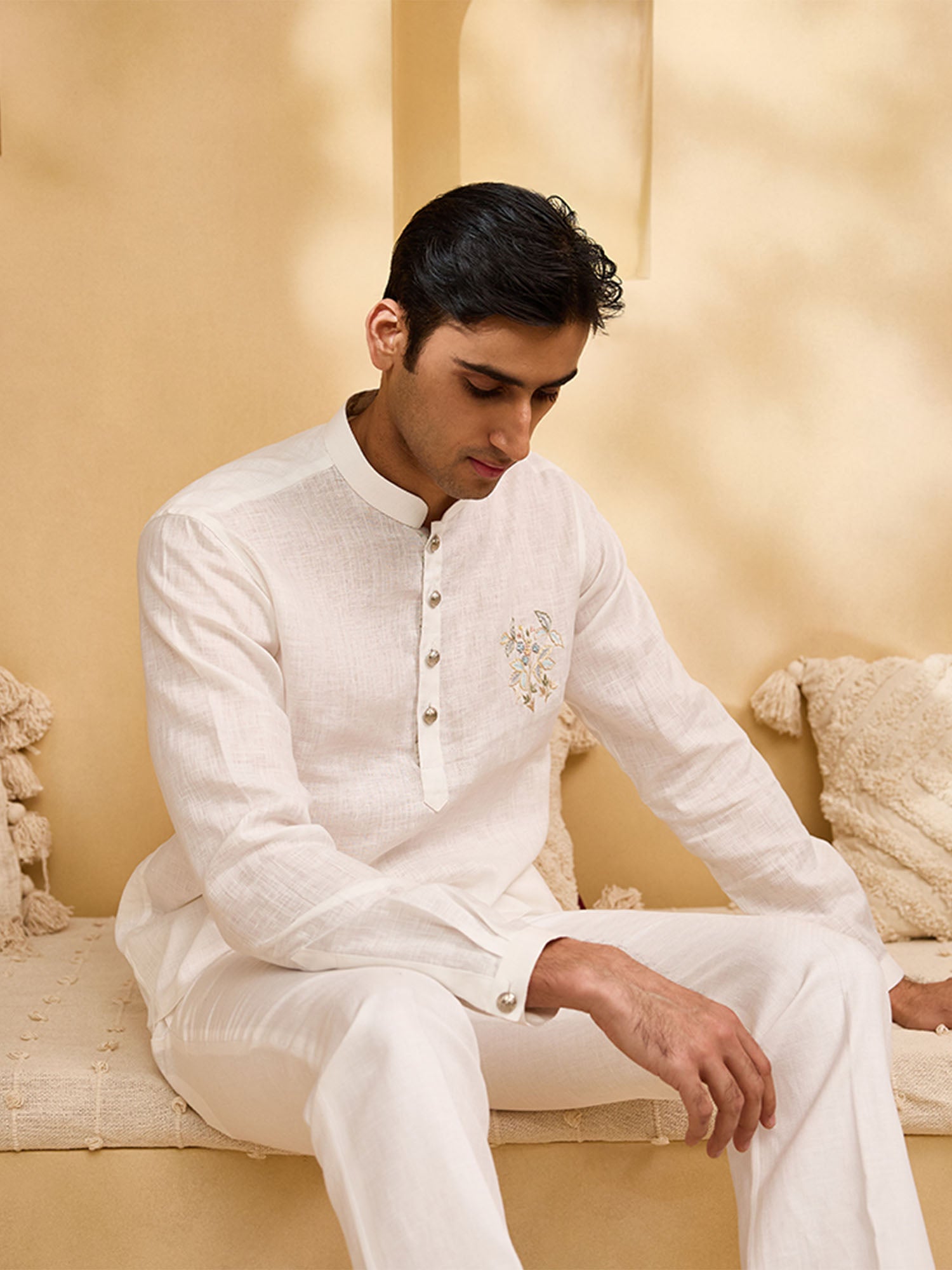 White Floral Embroidered Linen Kurti-Style Regular Fit Shirt