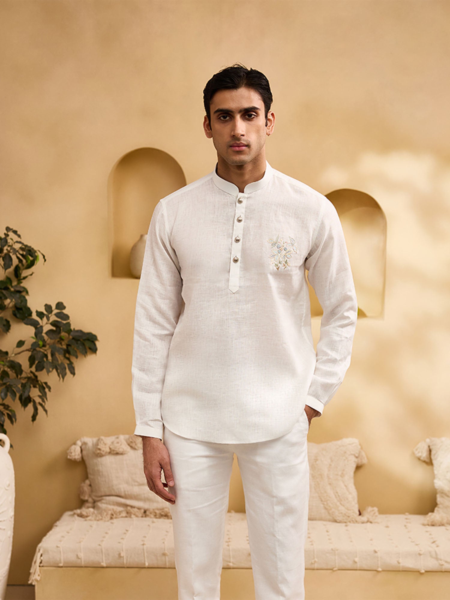 White Floral Embroidered Linen Kurti-Style Regular Fit Shirt