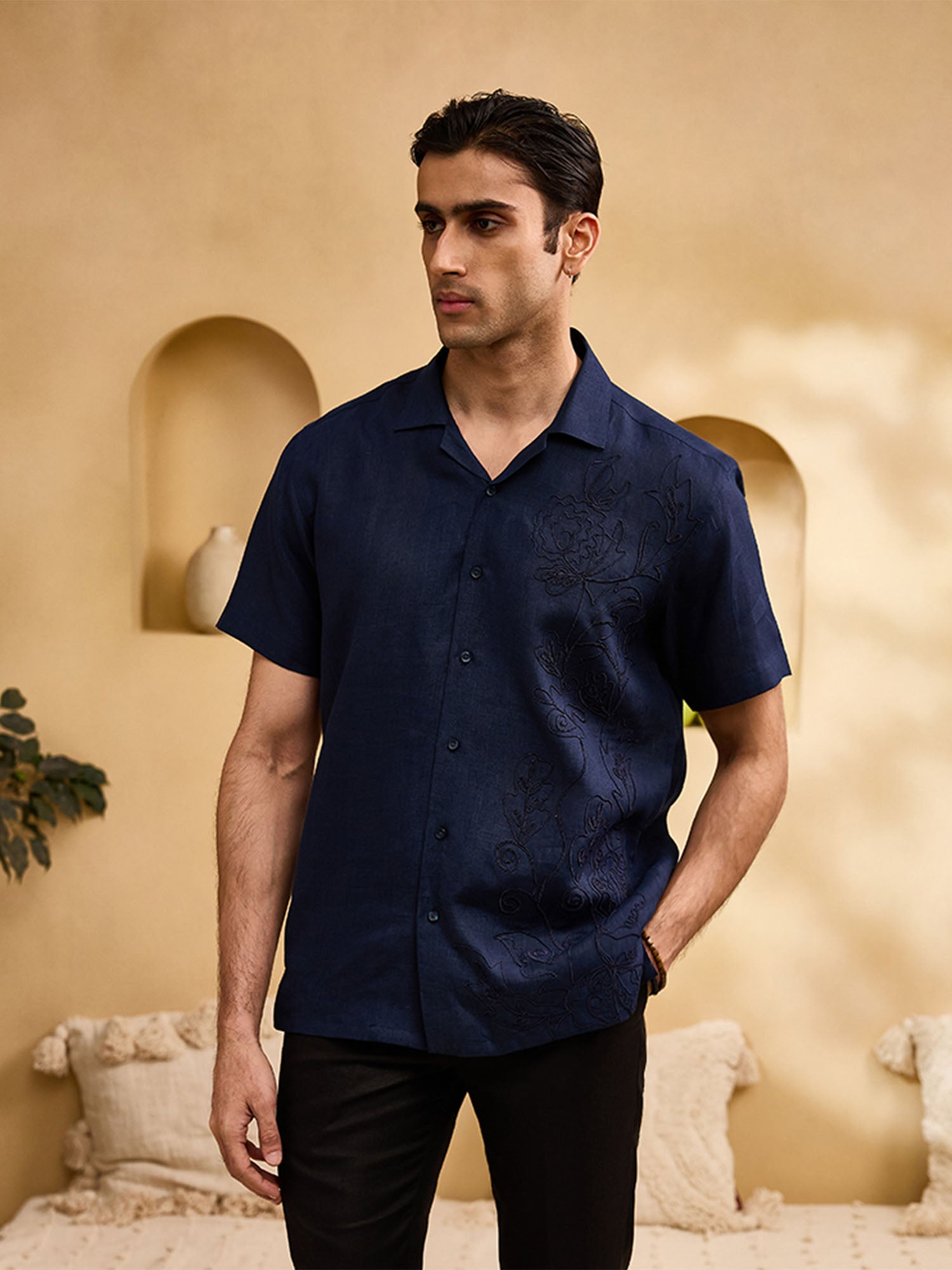 Navy Blue with Self-Coloured Floral Thread Embroidery Linen Cuban Regular Fit Shirt