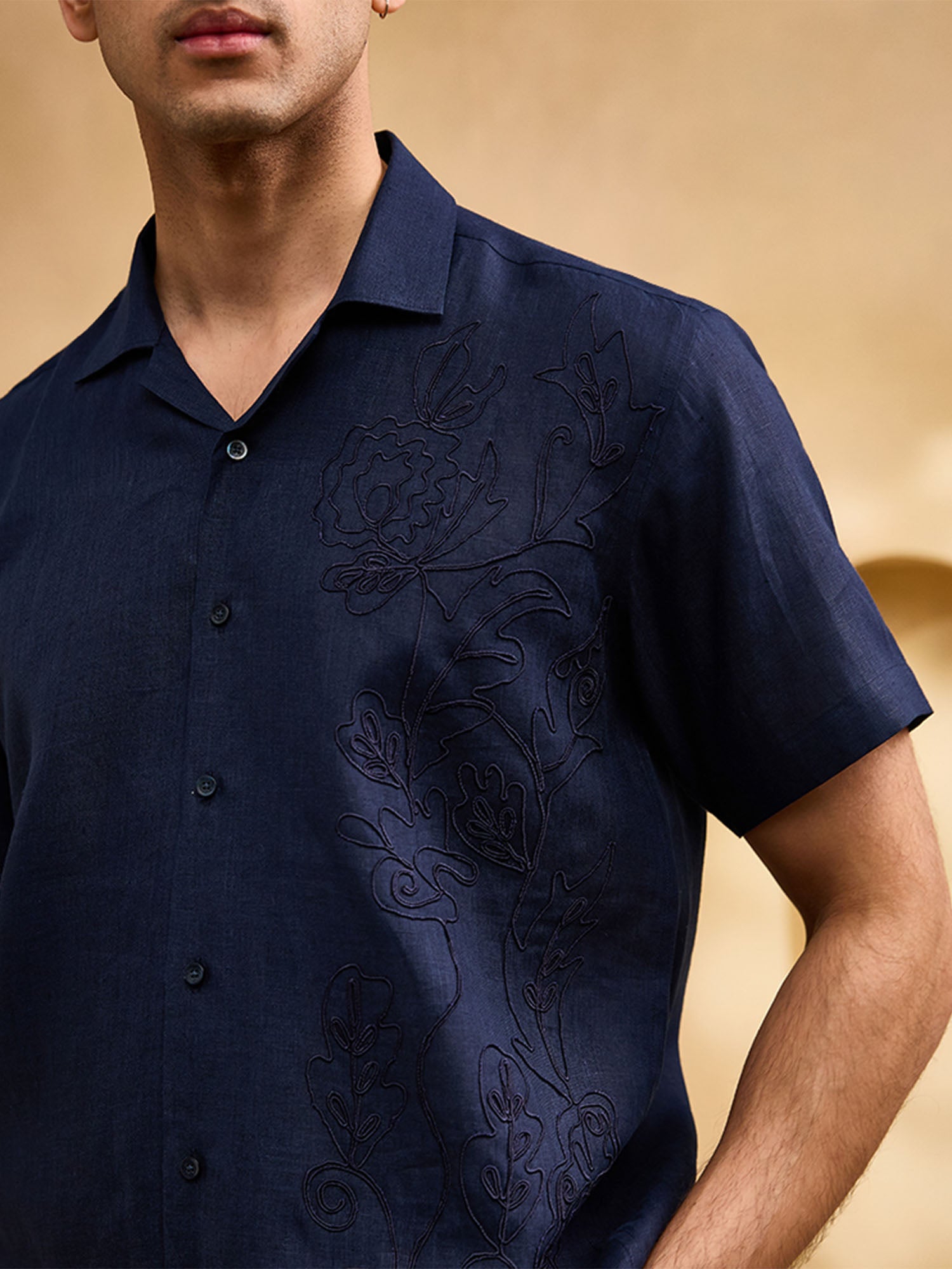 Navy Blue with Self-Coloured Floral Thread Embroidery Linen Cuban Regular Fit Shirt