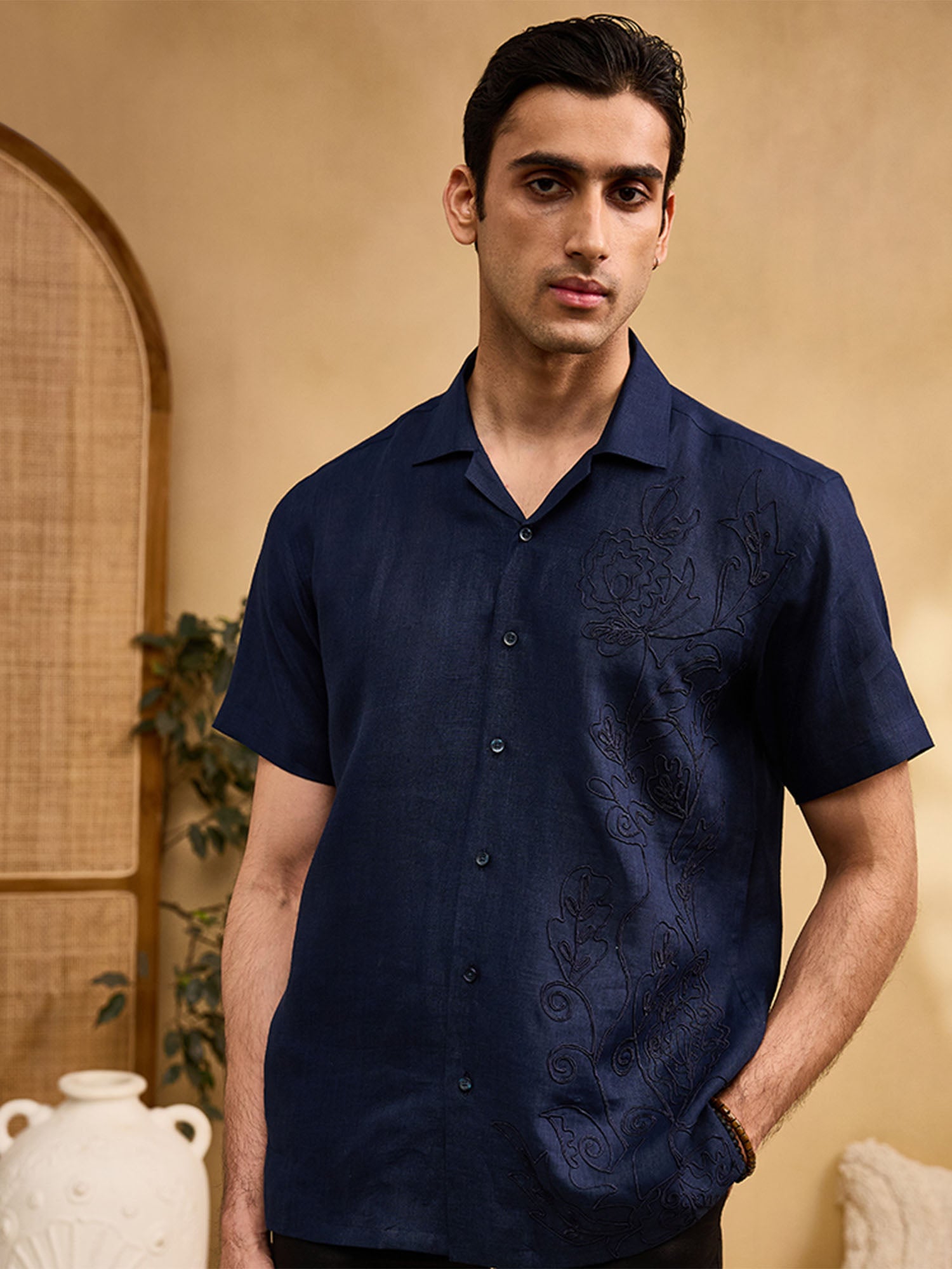 Navy Blue with Self-Coloured Floral Thread Embroidery Linen Cuban Regular Fit Shirt