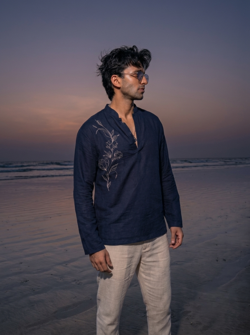 Navy Floral Embroidered Linen Short Kurta With Full Sleeves