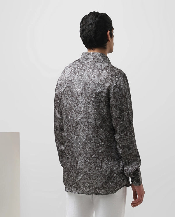 Dark Grey Cupro Silk Printed Full Sleeve Men's Slim Fit Shirt