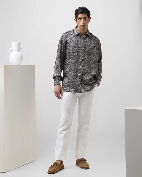 Dark Grey Cupro Silk Printed Full Sleeve Men's Slim Fit Shirt