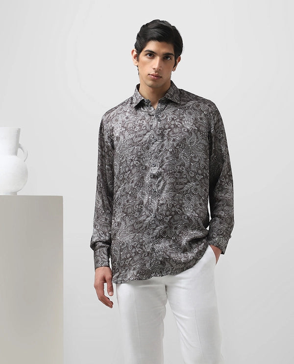 Dark Grey Cupro Silk Printed Full Sleeve Men's Slim Fit Shirt