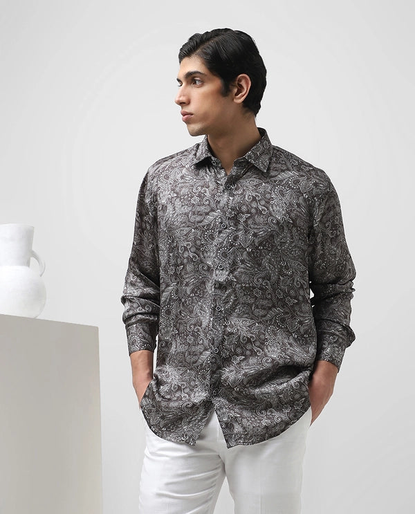 Dark Grey Cupro Silk Printed Full Sleeve Men's Slim Fit Shirt