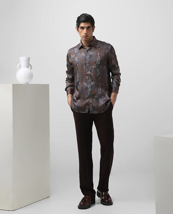 Brown Cupro Silk Printed Full Sleeve Men's Slim Fit Shirt