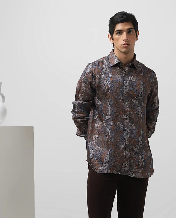 Brown Cupro Silk Printed Full Sleeve Men's Slim Fit Shirt