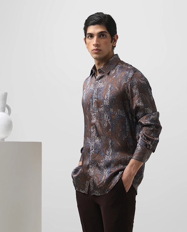 Brown Cupro Silk Printed Full Sleeve Men's Slim Fit Shirt