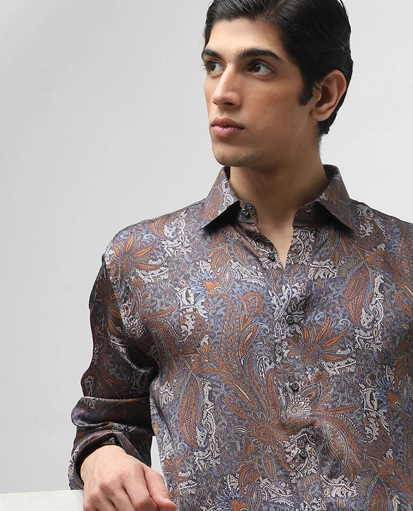 Brown Cupro Silk Printed Full Sleeve Men's Slim Fit Shirt