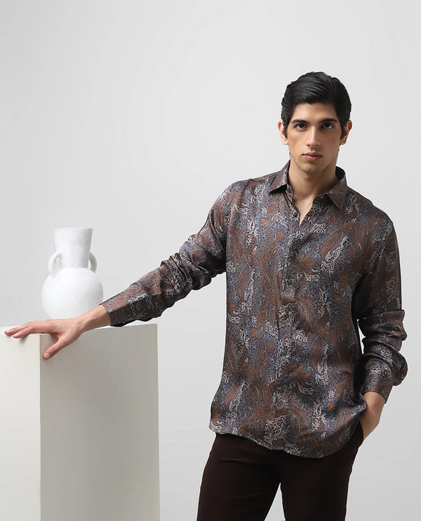 Brown Cupro Silk Printed Full Sleeve Men's Slim Fit Shirt