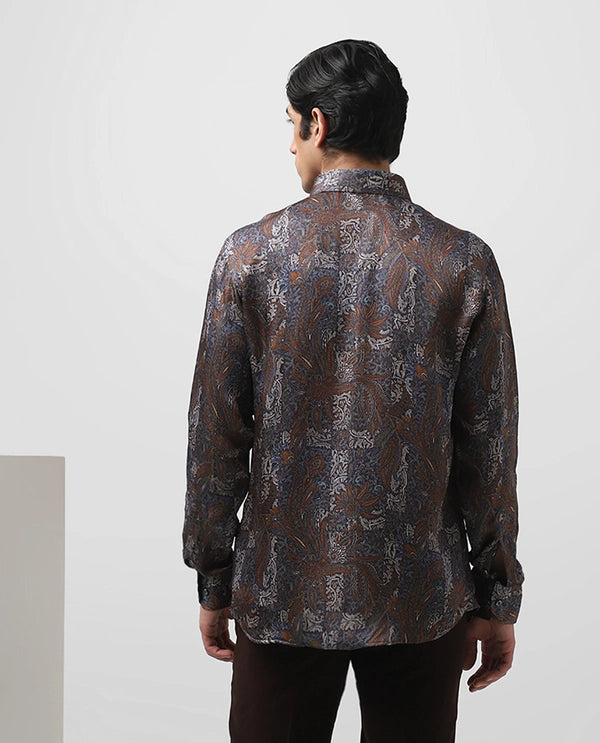 Brown Cupro Silk Printed Full Sleeve Men's Slim Fit Shirt