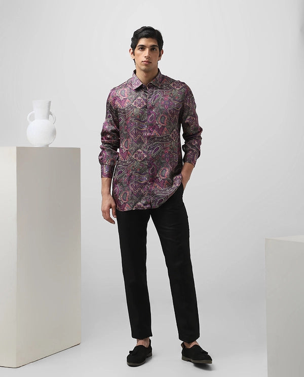 Green Cupro Silk Printed Full Sleeve Men's Slim Fit Shirt