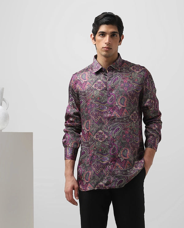 Green Cupro Silk Printed Full Sleeve Men's Slim Fit Shirt