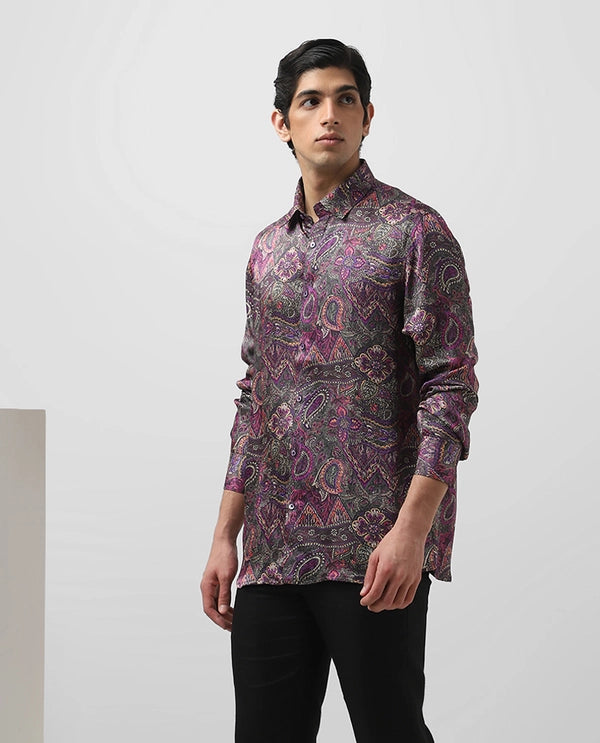 Green Copper Silk Printed Full Sleeve Men's Slim Fit Shirt