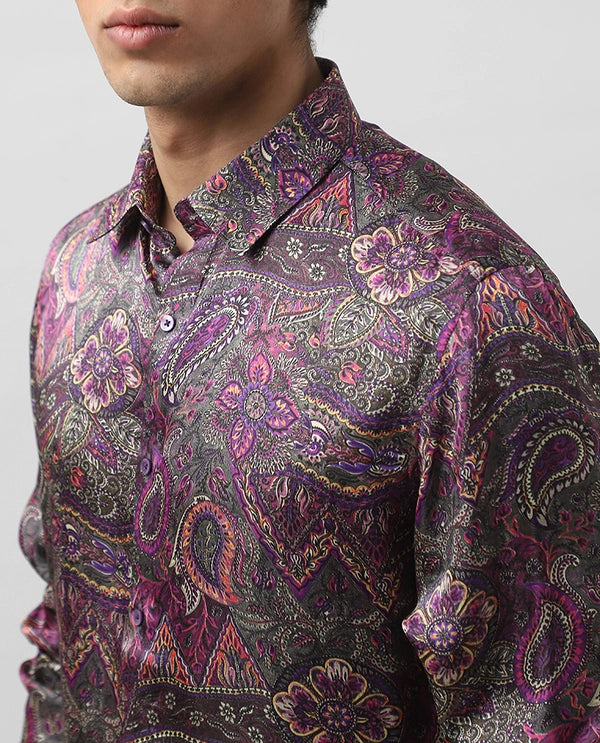 Green Copper Silk Printed Full Sleeve Men's Slim Fit Shirt