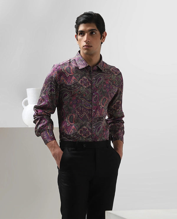 Green Cupro Silk Printed Full Sleeve Men's Slim Fit Shirt