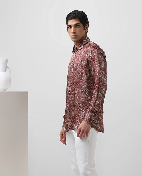 Maroon Copper Silk Printed Full Sleeve Men's Slim Fit Shirt