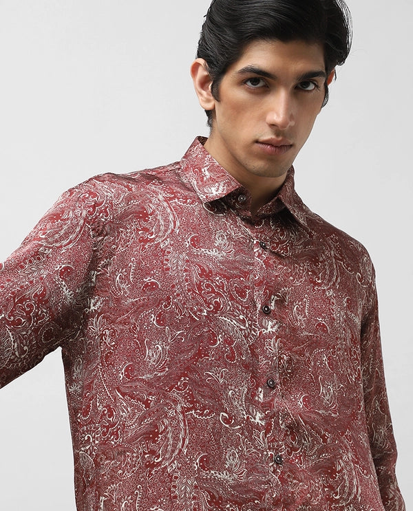 Maroon Copper Silk Printed Full Sleeve Men's Slim Fit Shirt