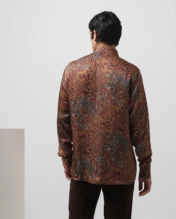 Rust Cupro Silk Printed Full Sleeve Men's Slim Fit Shirt