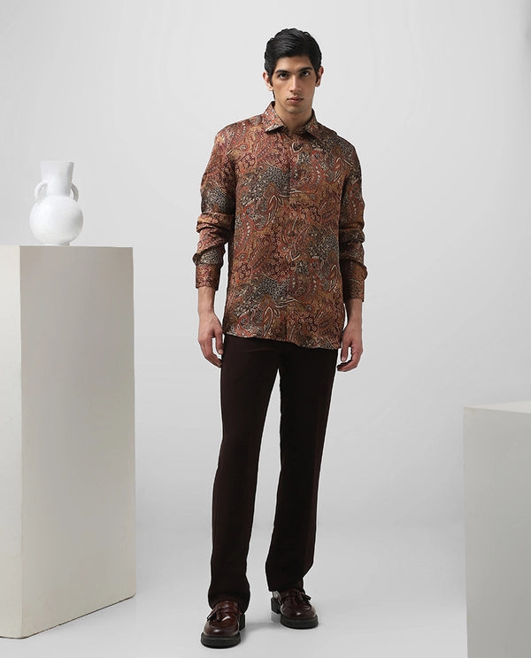 Rust Cupro Silk Printed Full Sleeve Men's Slim Fit Shirt