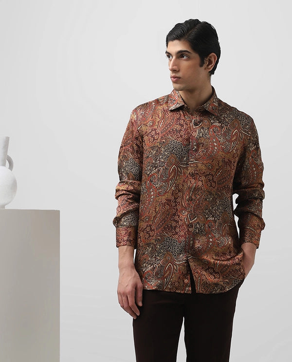 Rust Cupro Silk Printed Full Sleeve Men's Slim Fit Shirt