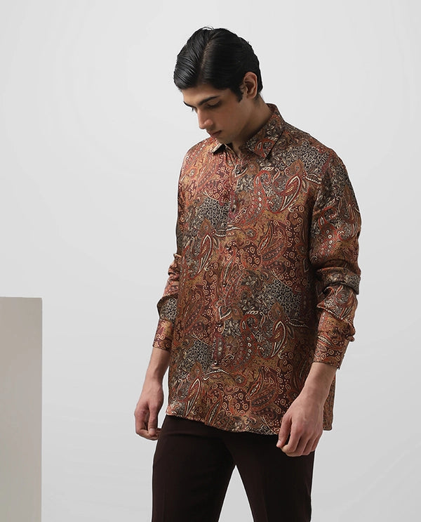 Rust Cupro Silk Printed Full Sleeve Men's Slim Fit Shirt