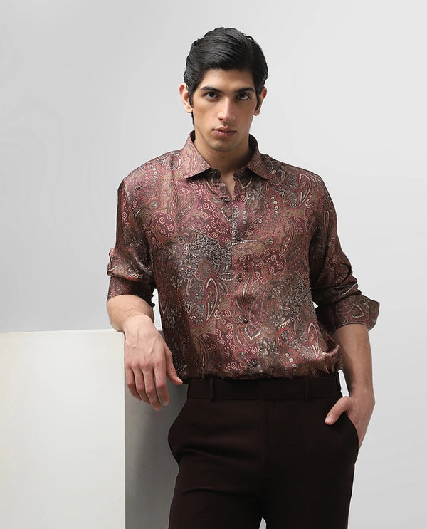 Maroon Printed Full Sleeve Cupro Silk Men’s Slim Fit Shirt