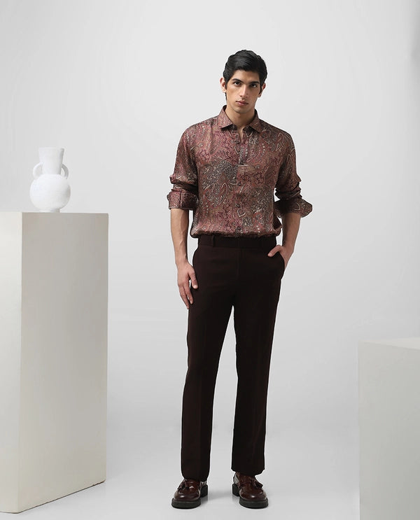 Maroon Printed Full Sleeve Cupro Silk Men’s Slim Fit Shirt