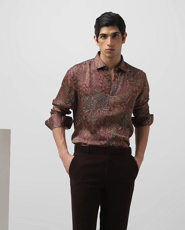 Maroon Printed Full Sleeve Cupro Silk Men’s Slim Fit Shirt