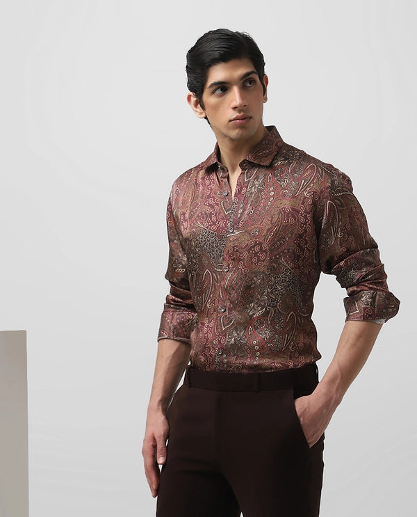 Maroon Printed Full Sleeve Copper Silk Men’s Slim Fit Shirt