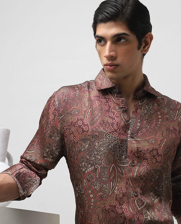 Maroon Printed Full Sleeve Copper Silk Men’s Slim Fit Shirt