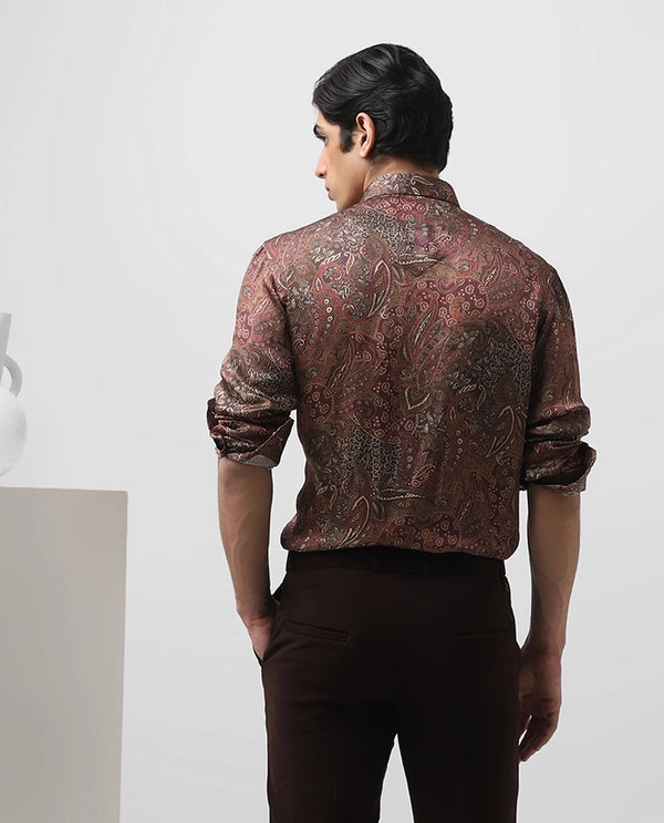 Maroon Printed Full Sleeve Cupro Silk Men’s Slim Fit Shirt